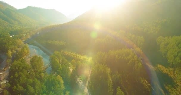 Tiefflug über frischen schnellen Gebirgsfluss mit Felsen an sonnigem Sommermorgen. — Stockvideo