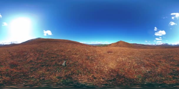 360 VR de prairie de colline timelapse à l'heure d'été ou d'automne. Nature sauvage sans fin et champ rural. Rayons de soleil sur l'herbe verte . — Video