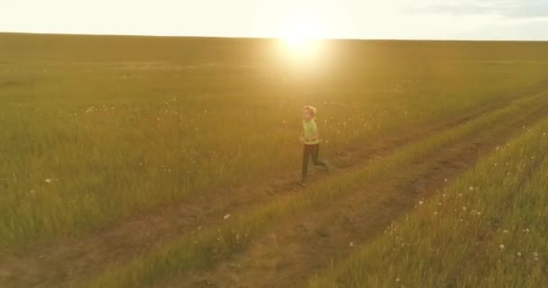Sportief kind loopt door een groen tarweveld. Avond sport training oefeningen op het platteland weide. Een gelukkige jeugd is een gezonde manier van leven. Radiale beweging, zonnestralen en gras. — Stockvideo