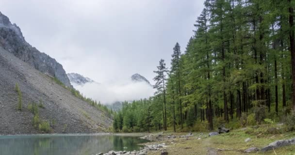 Montanha lago timelapse na hora de verão ou outono. Natureza selvagem e monte vale rural. Floresta verde de pinheiros e nuvens rápidas no céu. Motorizado dolly movimento deslizante — Vídeo de Stock