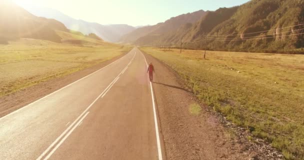 アスファルトの道路を歩くヒッチハイカーの観光客の上のフライト。夏の日に巨大な田舎の谷。リュックハイキング男. — ストック動画