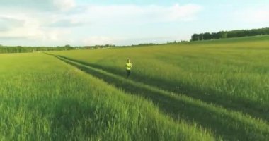 Sportif çocuk yeşil buğday tarlasında koşuyor. Kırsal çayırlarda akşam sporu alıştırmaları. Mutlu bir çocukluk sağlıklı bir yaşam biçimidir. Radikal hareket, güneş ışınları ve ot.