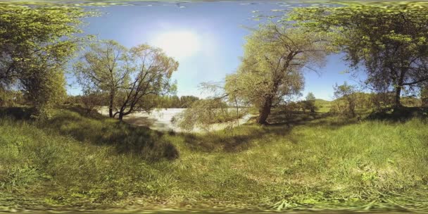UHD 4K 360 VR Virtuális valóság egy folyó folyik át sziklák gyönyörű hegyi erdő táj — Stock videók