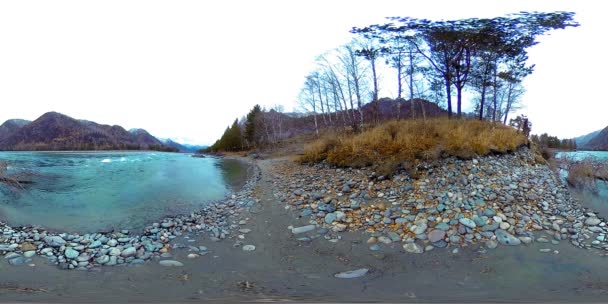 VR of a beautiful mountain river at the late autumn time. National park, meadow, river bank at overcast day. — Stock Video
