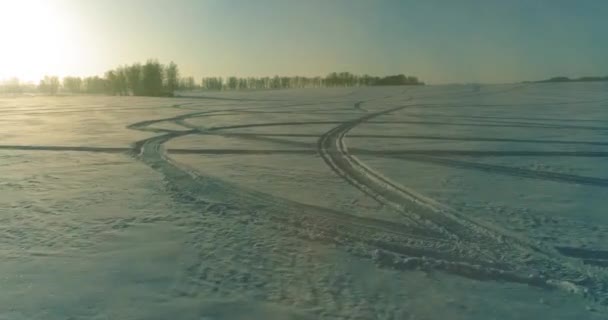 Vista aérea de drones del frío paisaje invernal con campo ártico, árboles cubiertos de nieve helada y rayos de sol matutinos sobre el horizonte. — Vídeos de Stock