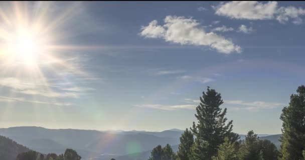 Górska łąka timelapse. Dzika przyroda i wiejskie pole. Chmury, drzewa, zielona trawa i promieniowanie słoneczne. Ruch kamery. — Wideo stockowe