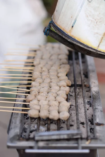 Meatballs Made Pork Skewers Grilled Charcoal Grill Exhaust Fan — Stock Photo, Image