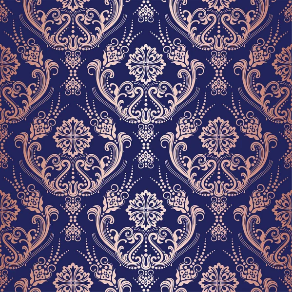 Fondo Pantalla Damasco Floral Oro Rosa Sobre Fondo Azul Marino — Vector de stock