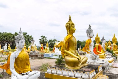 Buda heykeli ve mavi gökyüzüne Wat Phai Rong Wua,: Suphanburi, Thailand.