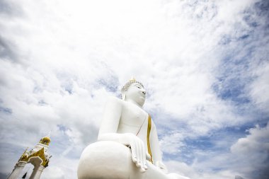 Buda heykeli ve mavi gökyüzüne Wat Phai Rong Wua,: Suphanburi, Thailand.