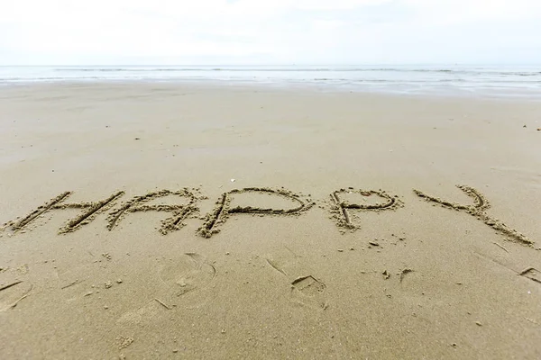 Write word happy on the sand beach