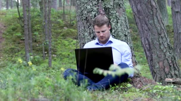 Freelancer Trabajando Laptop Bajo Árbol Bosque — Vídeos de Stock