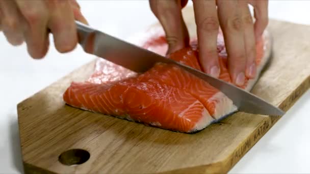 Slicing Salmon Fillet Cutting Board — Stock Video