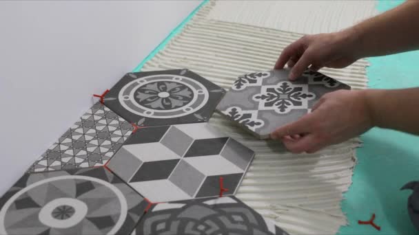 Tiler Laying Hexagon Floor Tiles Home Bathroom — Stock Video