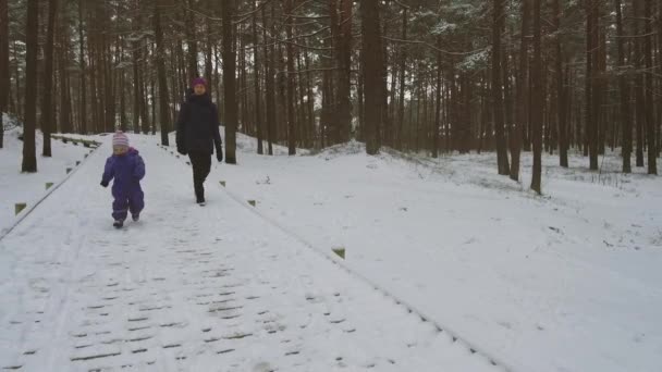 母とともに雪に覆われた森林歩道上で実行を楽しむ少女 — ストック動画