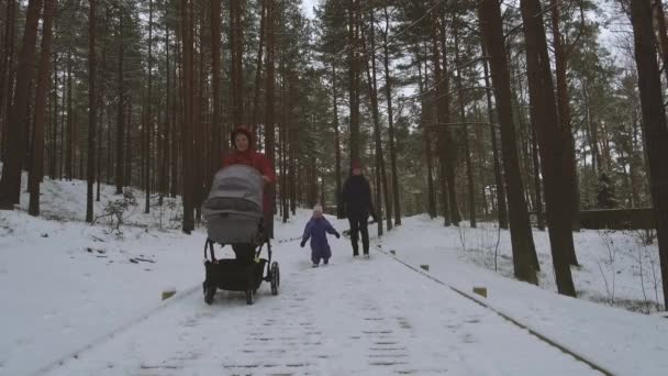 Mała Dziewczynka Zabawy Wraz Matką Babcią Mroźną Zimę Dnia — Wideo stockowe