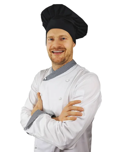 穿着白色制服和黑色帽子的年轻微笑的厨师的肖像 — 图库照片