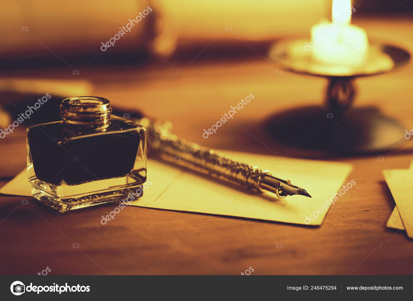Vintage Quill Pen Inkwell Wooden Table Candlelight — Stock Photo