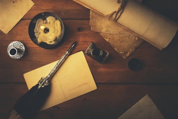 Papelería Vintage Sobre Mesa Madera Luz Las Velas — Foto de Stock