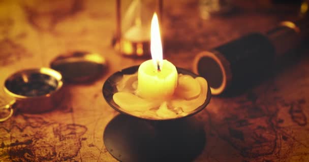 Candle Candlestick Old World Map Other Retro Items — Stock Video