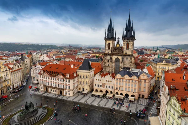 Aerial view with dramatic sky over old town square in prague cze — Stock Photo, Image