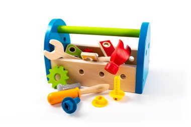 beyaz arka plan üzerinde izole ahşap oyuncak alet kutusu