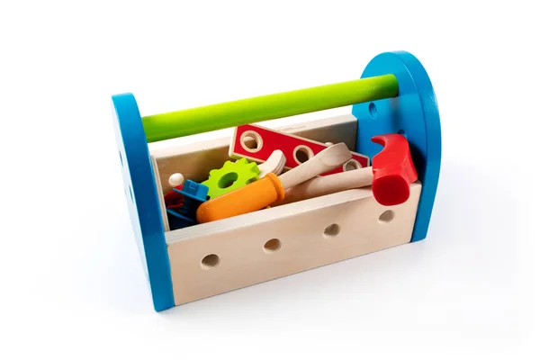 Kleurrijke houten Toolbox met speelgoed tools geïsoleerd op witte blauw — Stockfoto
