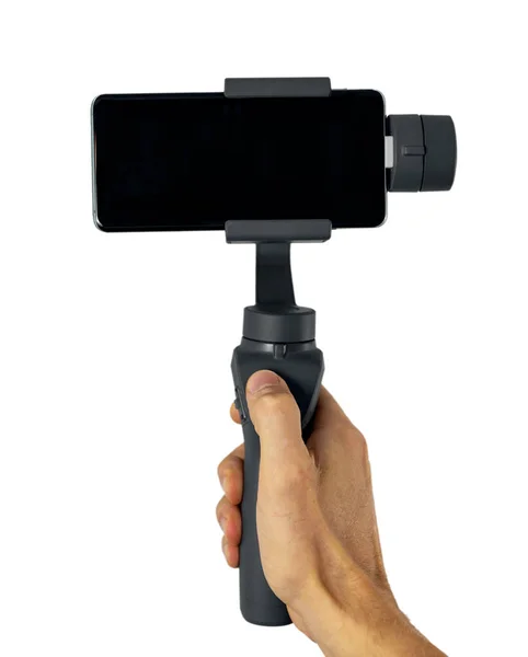 Telefone gimbal estabilizador na mão isolado no fundo branco — Fotografia de Stock