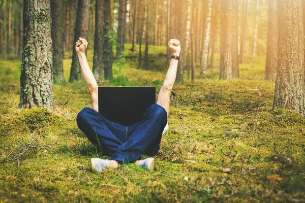 Telecommuting Man Laptop Laying Moss Forest Hands Raised — Stock Photo, Image