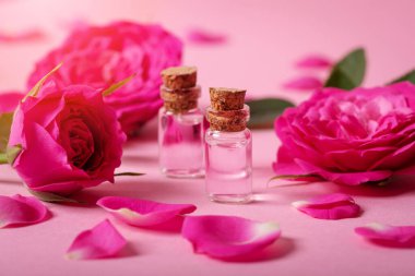 Parfümlü gül suyu ya da cam şişelerdeki gerekli yağ pembe gül çiçekleri ve pembe arka plandaki taç yaprakları