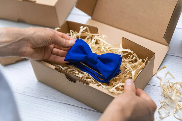 Sewing Craft Business Seamstress Packing Blue Fabric Bow Tie Cardboard — Stock Photo, Image
