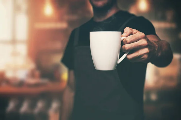 Barista Give Cup Hot Coffee Shop — Stock Photo, Image