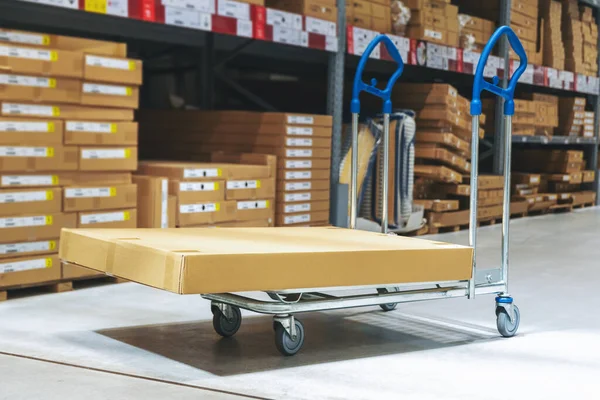 warehouse logistics - box on cart in modern distribution center