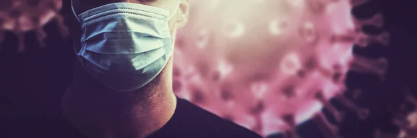 Coronavirus Covid Pandemia Uomo Con Maschera Facciale Sfondo Cellule Virali — Foto Stock