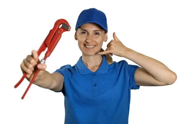 Serviços Encanamento Encanador Feminino Vestindo Uniforme Azul Com Chave Mostrando — Fotografia de Stock