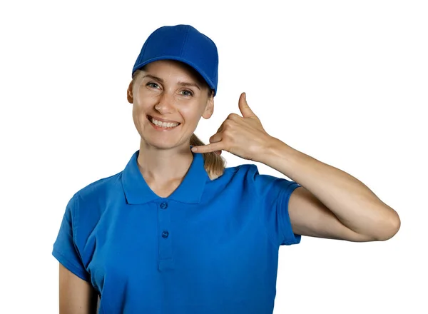 Indústria Serviços Apoio Jovem Mulher Sorridente Uniforme Azul Mostrando Gesto — Fotografia de Stock