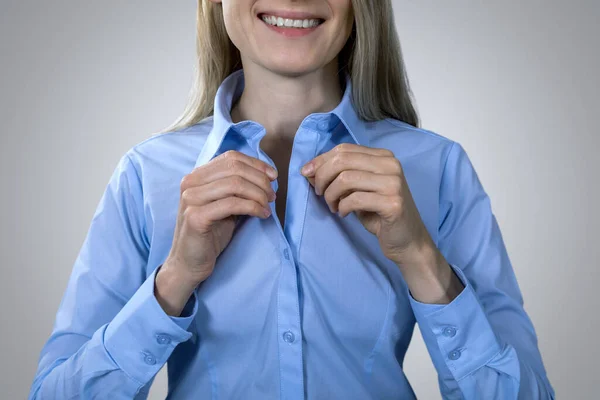 Business Formal Dress Code Smiling Woman Buttoning Blue Blouse — Stock Photo, Image
