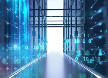 Telekomünikasyon donanımları, büyük veri depolama ve bulut kavramı tam veri merkezindeki sunucu odası 3D çizimi