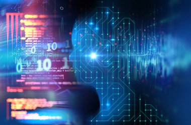 devre desen 3d çizim, temsil yapay teknoloji üzerinde sanal insan silüeti