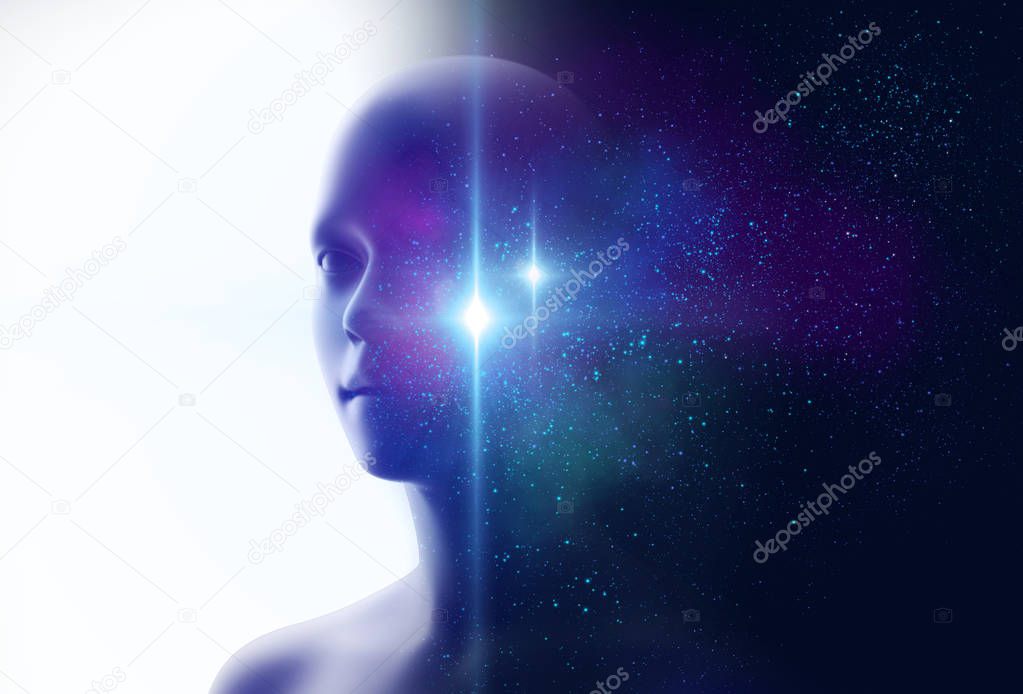 silhouette of virtual human and nebula cosmos 3d illustration  , represent scientific concept