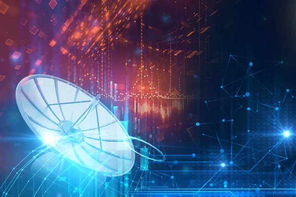 Soyut teknoloji arkaplanı üzerindeki uydu çanak aktarım verilerinin 3d çizimi