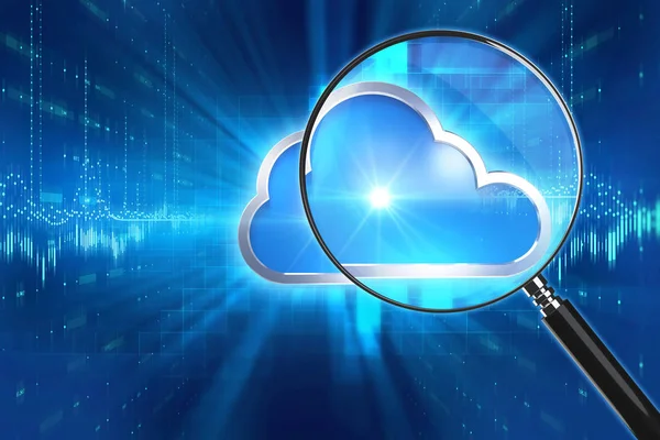 3d rendering of Magnifying Glass on cloud icon technology background , concept of cloud
