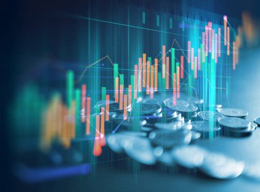 Çift Pozlama görüntü borsa yatırım grafik ve sikke yığını, iş yatırım ve gelecekteki hisse senedi Alım Satım kavramı