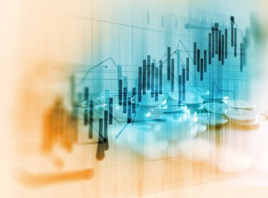 Çift Pozlama görüntü borsa yatırım grafik ve sikke yığını, iş yatırım ve gelecekteki hisse senedi Alım Satım kavramı