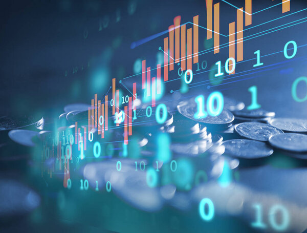 double exposure image of stock market investment graph and coins stack,concept of business investment and stock future trading