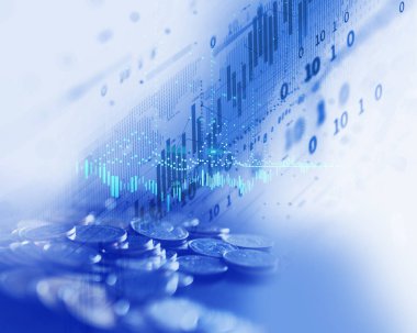 Çift Pozlama görüntü borsa yatırım grafik ve sikke yığını, iş yatırım ve gelecekteki hisse senedi Alım Satım kavramı