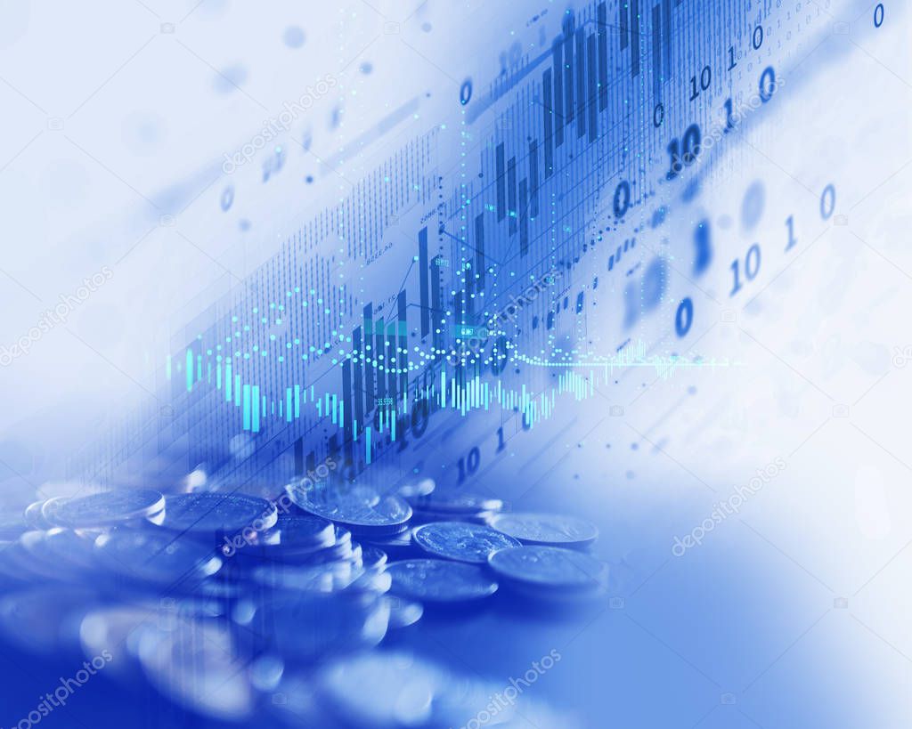 double exposure image of stock market investment graph and coins stack,concept of business investment and stock future trading