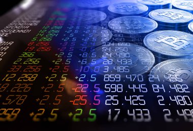 borsa yatırım grafik Bitcoins, iş kavramı yığınlarının üzerinde çift pozlama görüntü