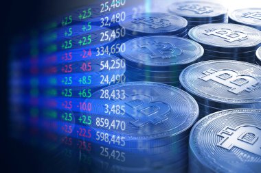 borsa yatırım grafik Bitcoins, iş kavramı yığınlarının üzerinde çift pozlama görüntü