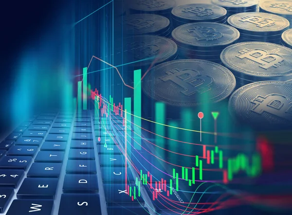 Double Exposure Image Stock Market Investment Graph Stacks Bitcoins Concept — Stock Photo, Image